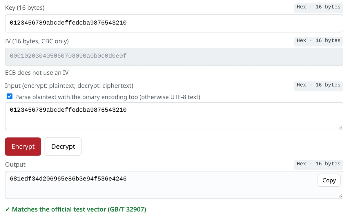 gm-crypto-web SM4 encryption in ECB mode with the GB/T 32907 test vector: key and plaintext 0123456789abcdeffedcba9876543210 give the output 681edf34d206965e86b3e94f536e4246, with a green check reading “Matches the official test vector (GB/T 32907)”.